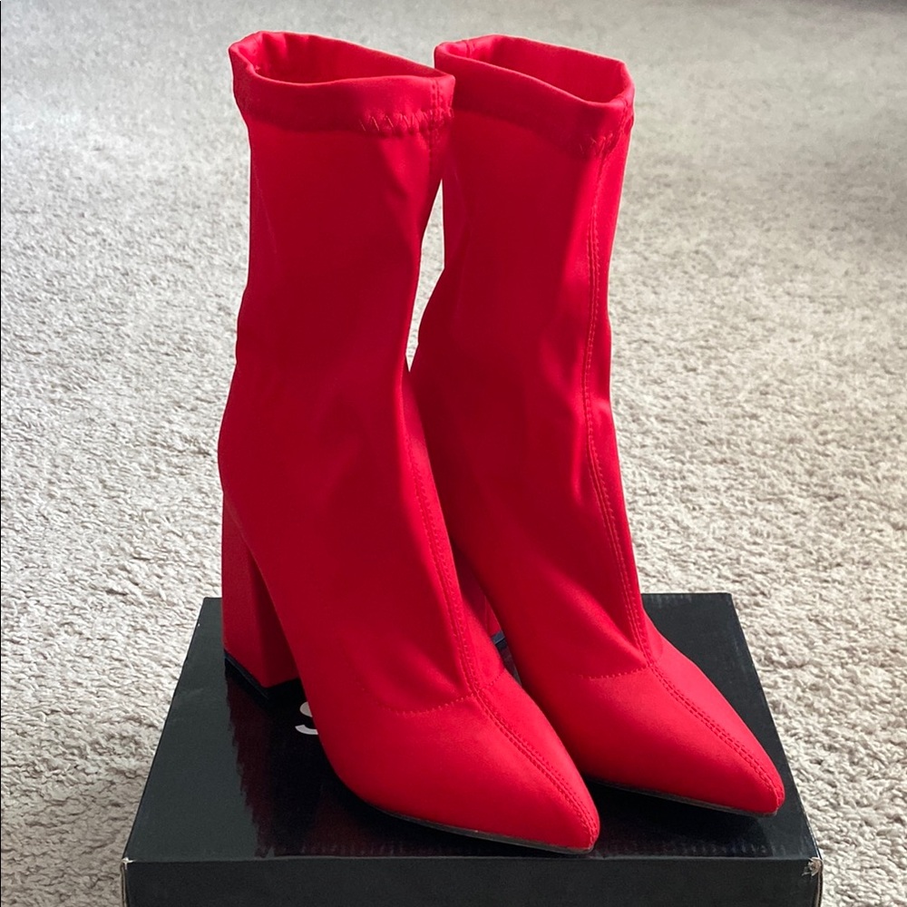 NWT SHEIN Red Heeled Boots Sock Style